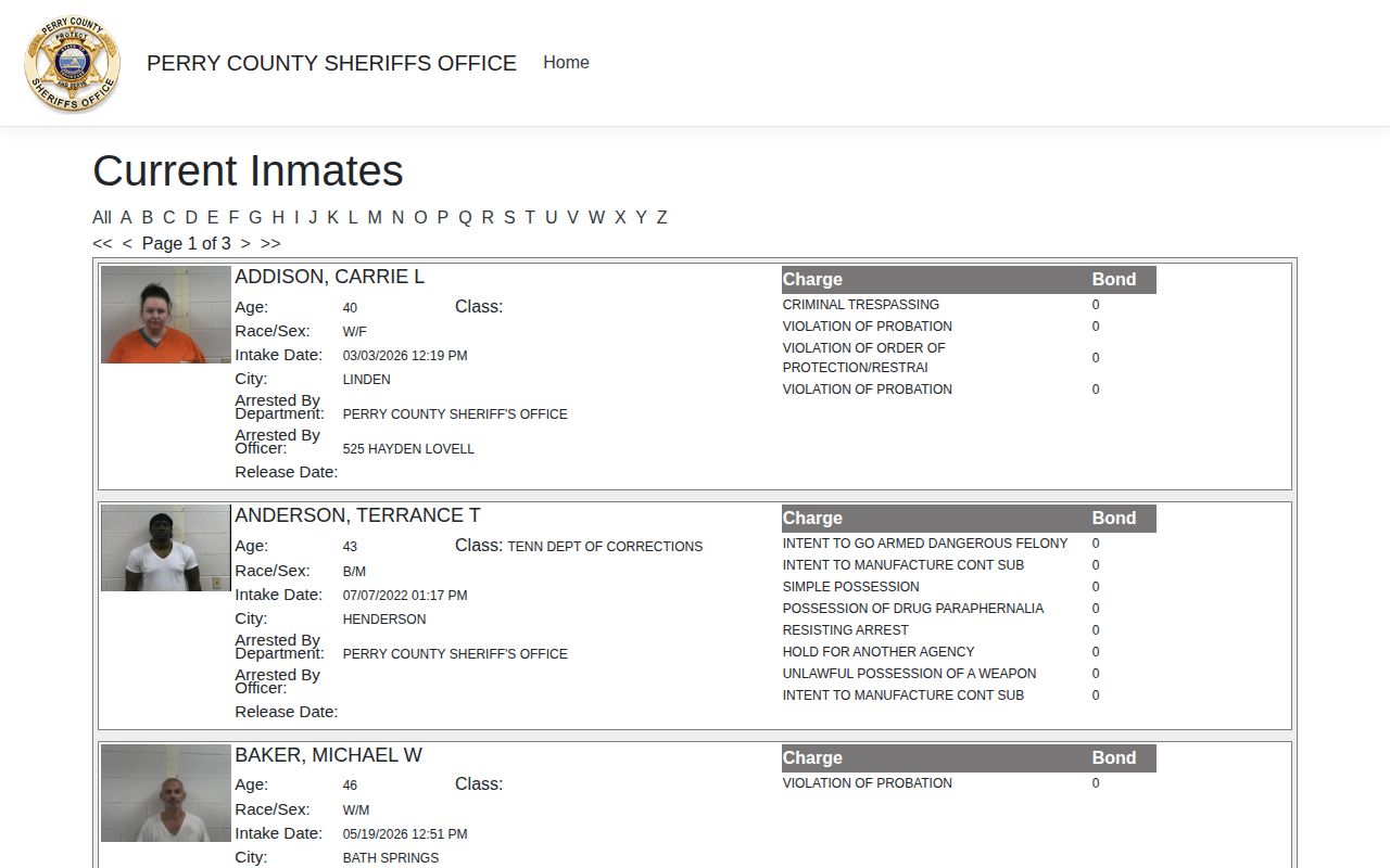 Perry County arrest log 72-hour jail intake and release portal